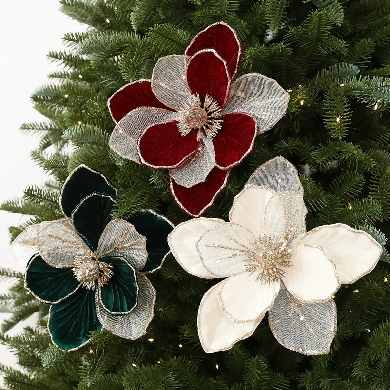 22 cm künstliche Weihnachtsdeko mit Glitzer, Stoffblumen in Weinrot, Grün oder Cremeweiß, für Fensterdekoration, Hotel & Einzelhandel