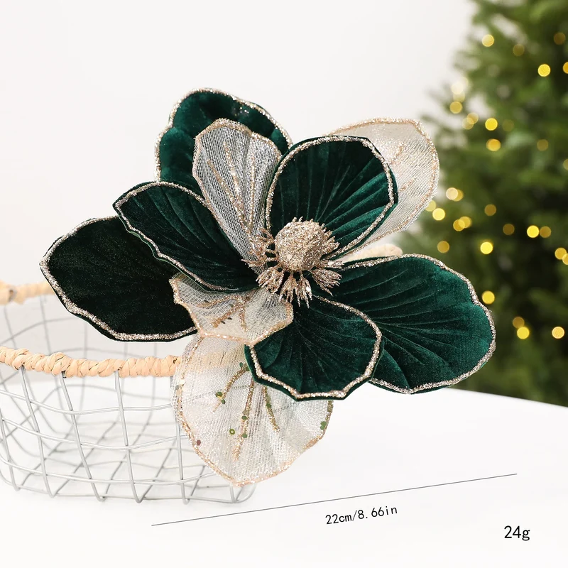 22 cm künstliche Weihnachtsdeko mit Glitzer, Stoffblumen in Weinrot, Grün oder Cremeweiß, für Fensterdekoration, Hotel & Einzelhandel