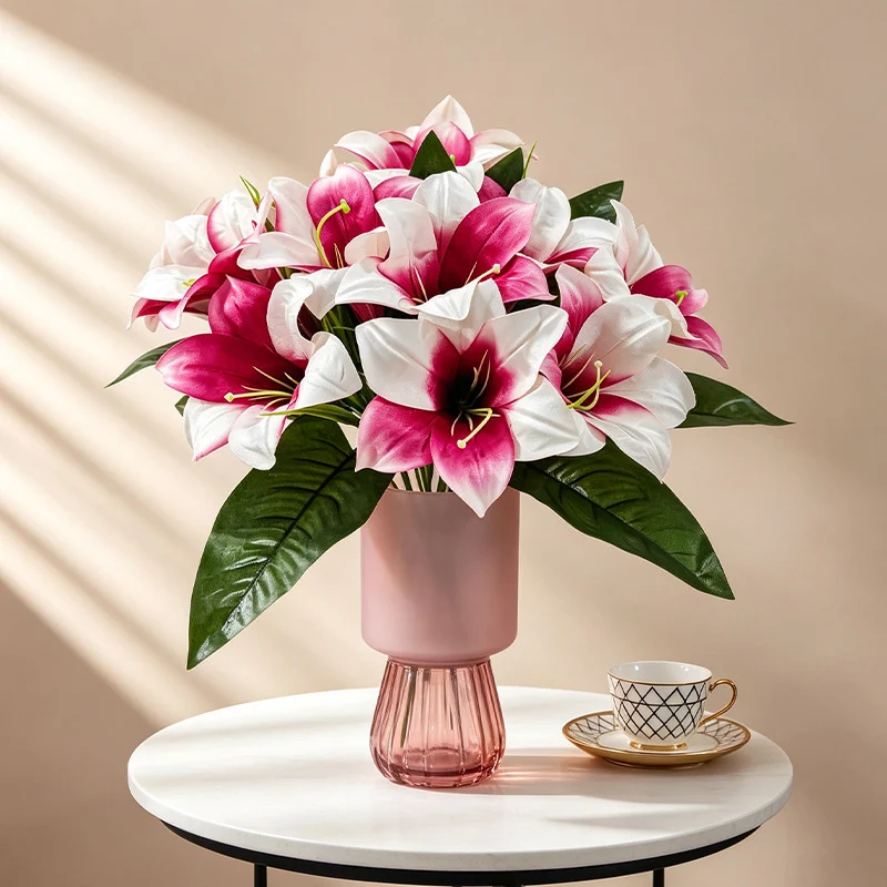 Künstliche Lilienblüten, 32 cm hoch, 5 Blüten, 12 cm Durchmesser, Seidenstoff, für Zuhause, Büro, Hochzeiten, Dekoration