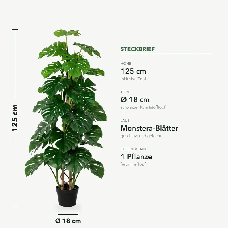 Kunstpflanze groß – künstliche Monstera, 125 cm im Topf
