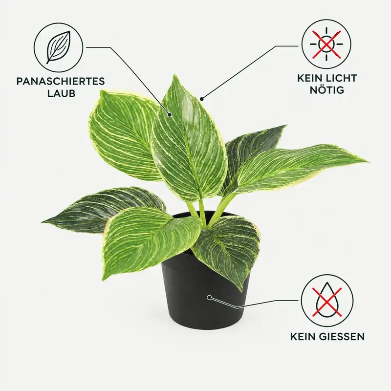 Kunstpflanze klein – künstlicher Philodendron Birkin, 20 cm im Topf