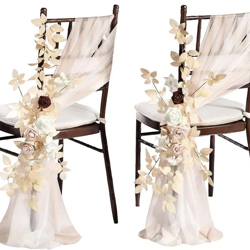 Künstliche Stuhldekoration für Hochzeiten, 60 cm langer Blumenstrauß mit 2x transparenten Organza-Bändern (20x250 cm), Outdoor-tauglich