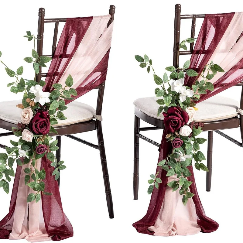 Künstliche Stuhldekoration für Hochzeiten, 60 cm langer Blumenstrauß mit 2x transparenten Organza-Bändern (20x250 cm), Outdoor-tauglich
