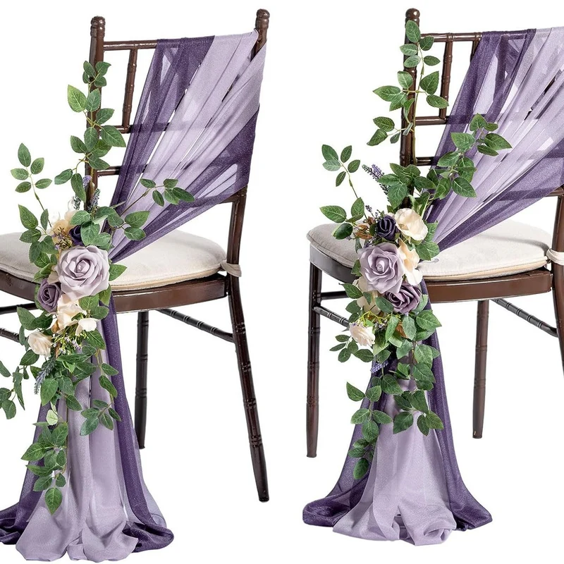 Künstliche Stuhldekoration für Hochzeiten, 60 cm langer Blumenstrauß mit 2x transparenten Organza-Bändern (20x250 cm), Outdoor-tauglich