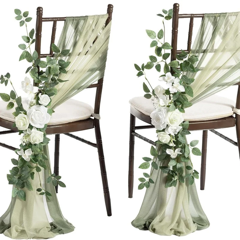 Künstliche Stuhldekoration für Hochzeiten, 60 cm langer Blumenstrauß mit 2x transparenten Organza-Bändern (20x250 cm), Outdoor-tauglich