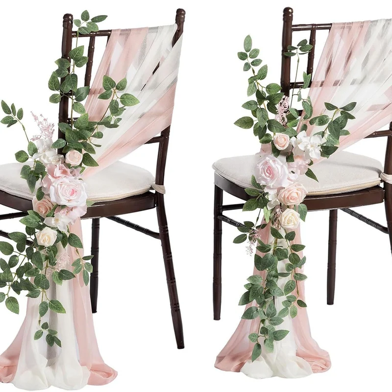 Künstliche Stuhldekoration für Hochzeiten, 60 cm langer Blumenstrauß mit 2x transparenten Organza-Bändern (20x250 cm), Outdoor-tauglich