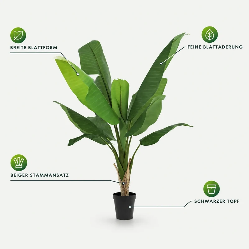 Kunstpflanze groß – künstlicher Bananenbaum, 120 cm im Topf
