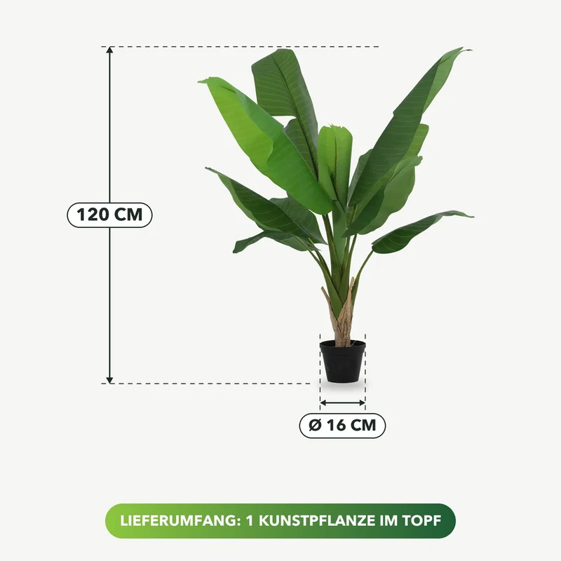 Kunstpflanze groß – künstlicher Bananenbaum, 120 cm im Topf