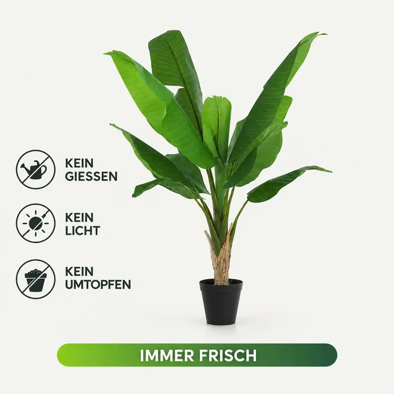 Kunstpflanze groß – künstlicher Bananenbaum, 120 cm im Topf