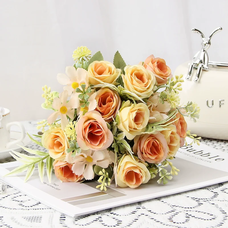 Künstliche Rosenstrauß, 31 cm hoch, 8 Blüten, Seidenstoff, für Hochzeiten, Hotels, Wohnräume, Außenbereich