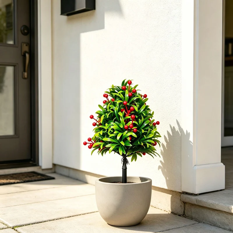 Künstliche Podocarpus mit roten Beeren, 45x25x25 cm, realistische Grünpflanze für Innenraum, Hochzeit, Grabgestaltung, LadenDeko