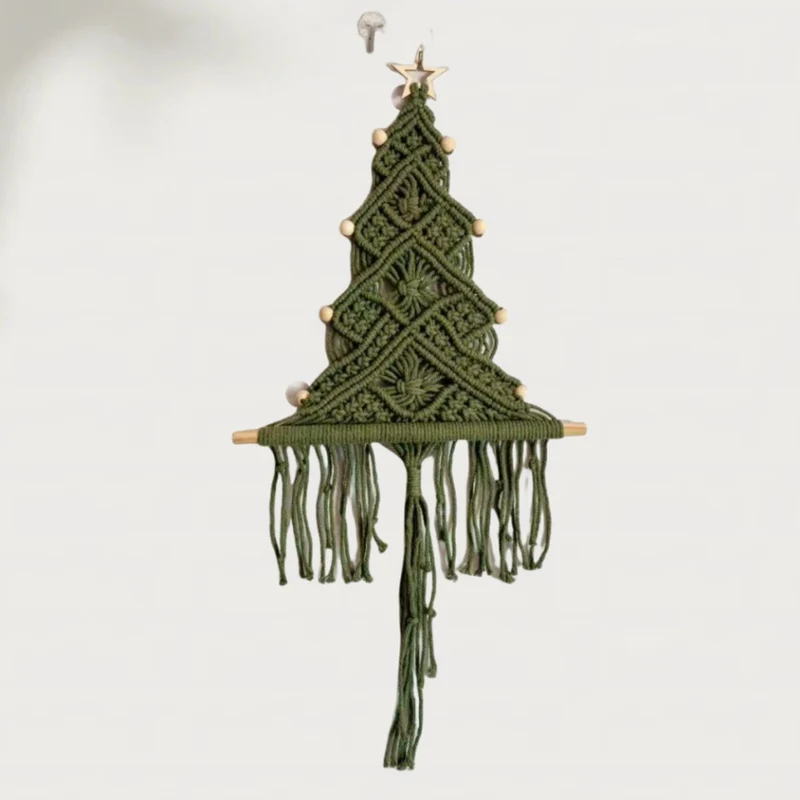 Handgefertigte Baumwoll-Seil Weihnachtsbaum Franse Dekoration, 61x30 cm, Wandbehang für Hochzeit, Café, Zuhause, Geschenk, ganzjährig nutzbar