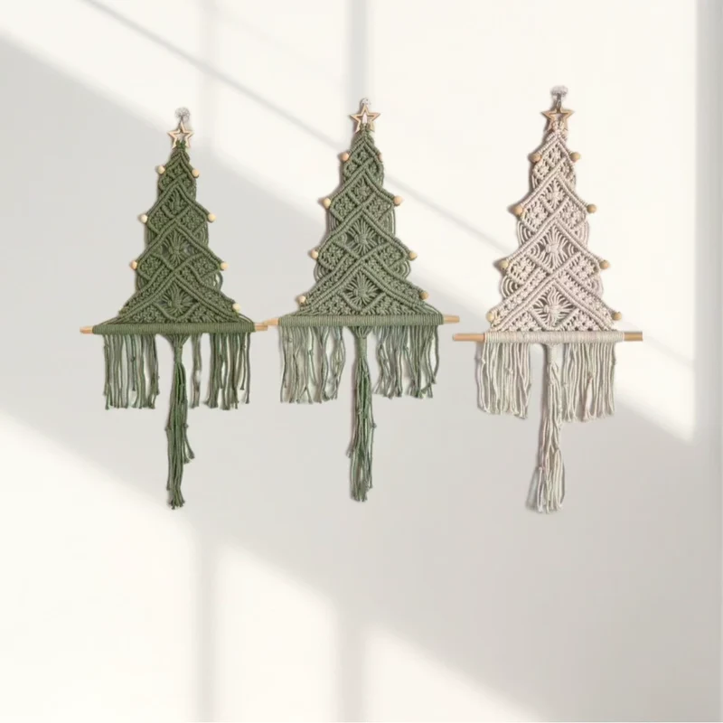Handgefertigte Baumwoll-Seil Weihnachtsbaum Franse Dekoration, 61x30 cm, Wandbehang für Hochzeit, Café, Zuhause, Geschenk, ganzjährig nutzbar