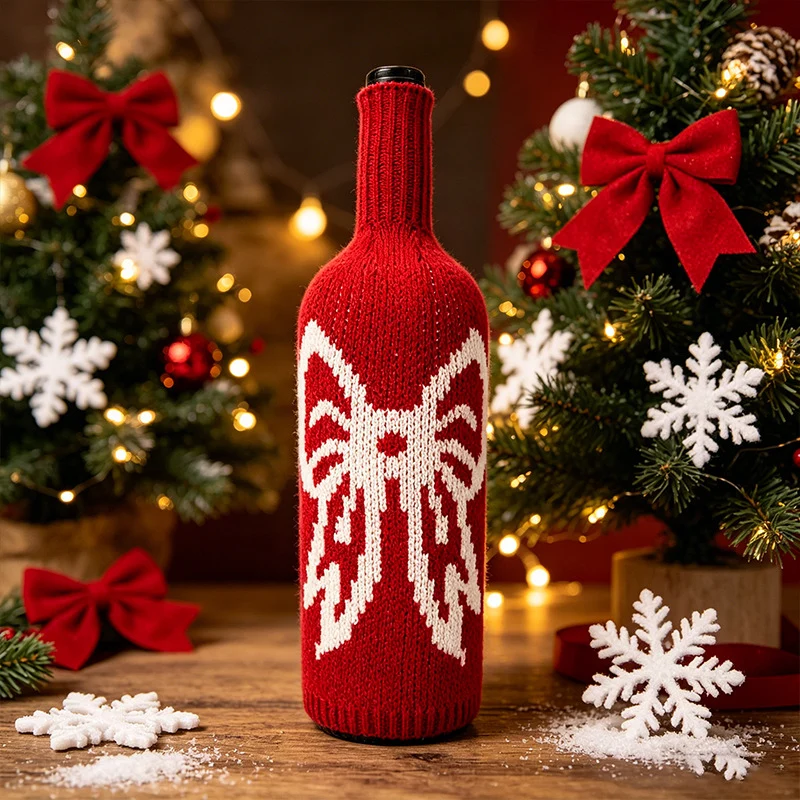 Wollgestrickter Weinflaschenbezug, 28 cm lang, 11 cm breit, 3,5 cm Öffnung, Weihnachtsdeko, Geschenkidee, Tischdekoration