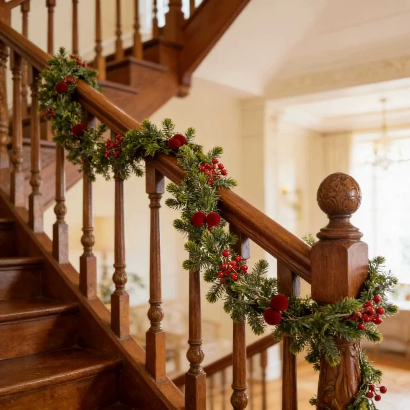 Weihnachts-Dekoration: 180 cm künstliche Kiefernzweige mit roten Beeren & 15 roten Samtkugeln – Real-Touch für Hochzeit, Grabgestaltung, Festtagsdeko, Treppe, Kamin