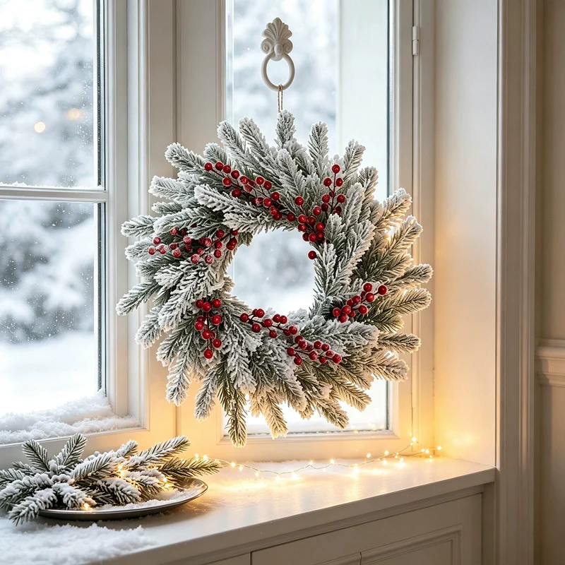Weihnachtskranz mit Schnee und roten Beeren, 55 cm Durchmesser, realistisch, für Haustür, Fensterdekoration, Hochzeiten, Veranstaltungen