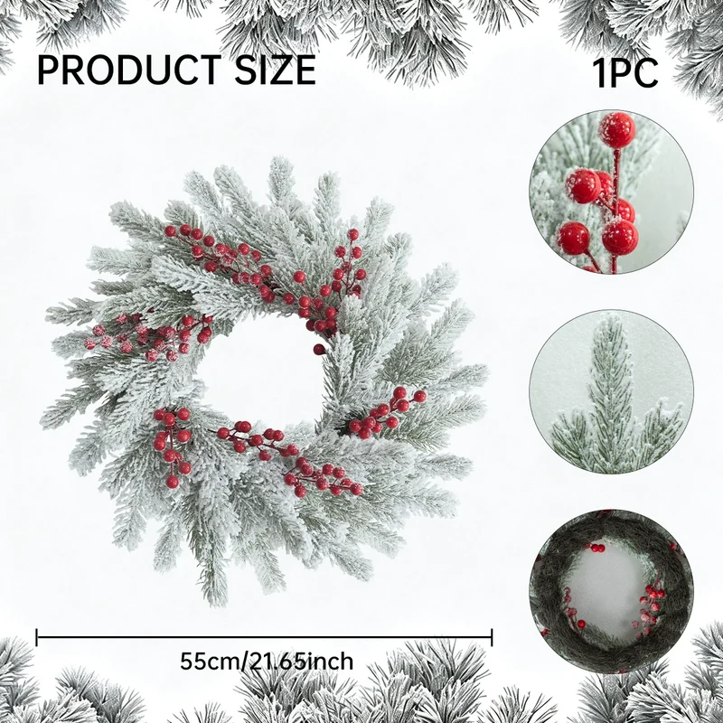 Weihnachtskranz mit Schnee und roten Beeren, 55 cm Durchmesser, realistisch, für Haustür, Fensterdekoration, Hochzeiten, Veranstaltungen