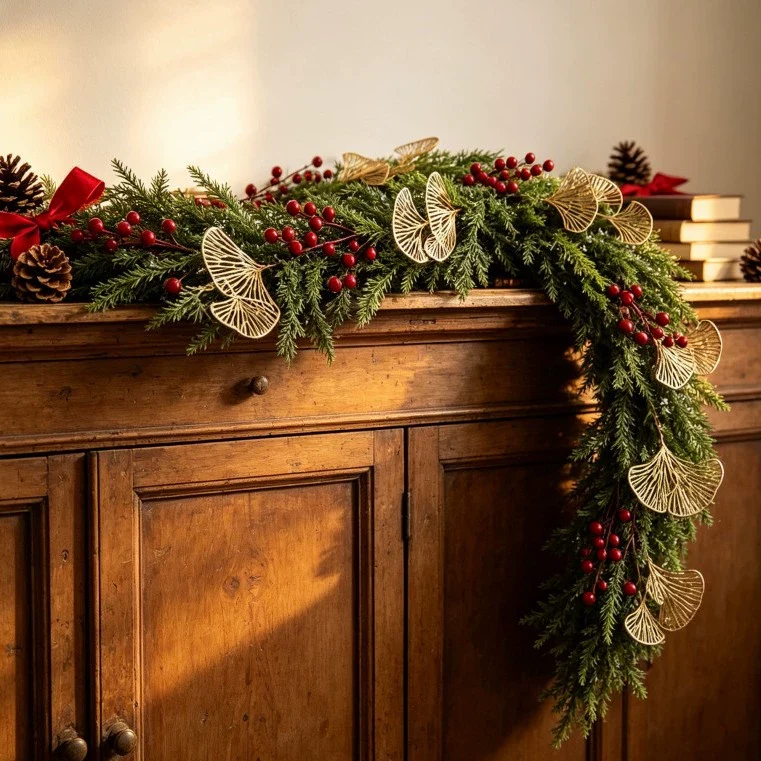 Künstliche Kiefernzweige mit goldenen Fächern und roten Beeren, 180 cm, für Weihnachtsdeko, Hochzeiten, Hoteldekoration