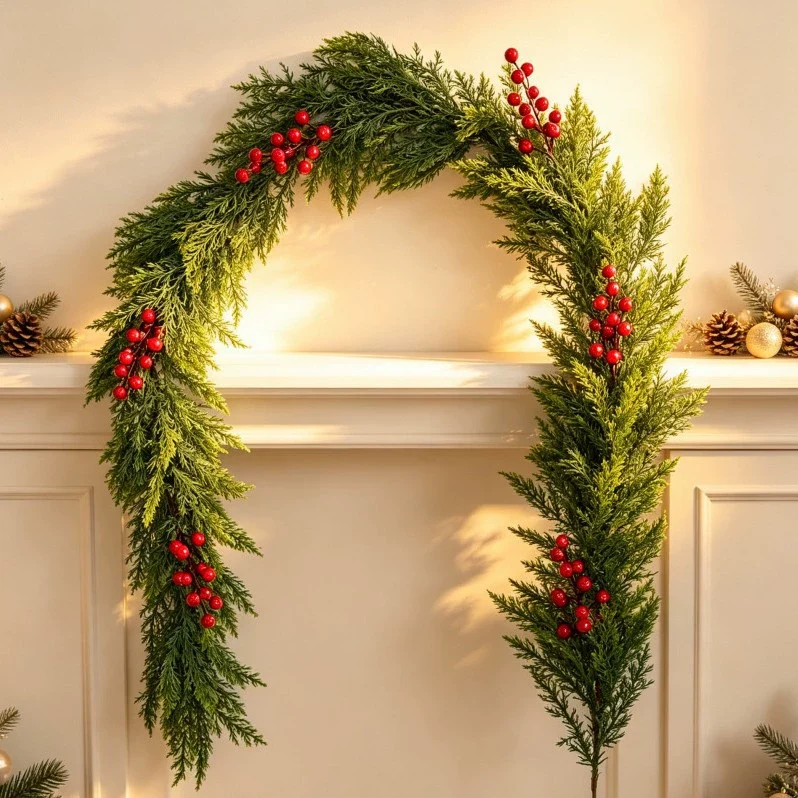 Weihnachtsdeko mit Lichtern, 180 cm lange Efeuranke mit roten Beeren, künstliche Girlande für Innen- und Außenbereich, Hochzeitsevent, Festtagsdekoration