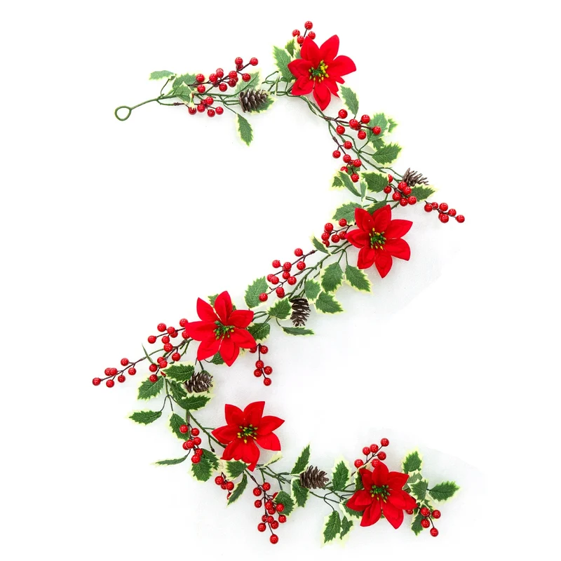 Weihnachts-Girlande 170 cm, künstliche Poinsettie mit roten Beeren, realistisch, biegbare Stängel, Festdeko, Hochzeit, Laden, Zuhause, Grabschmuck