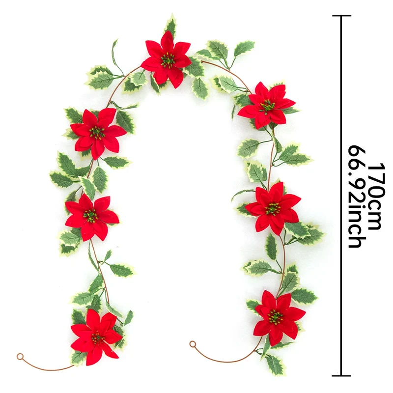 Weihnachts-Girlande 170 cm, künstliche Poinsettie mit roten Beeren, realistisch, biegbare Stängel, Festdeko, Hochzeit, Laden, Zuhause, Grabschmuck