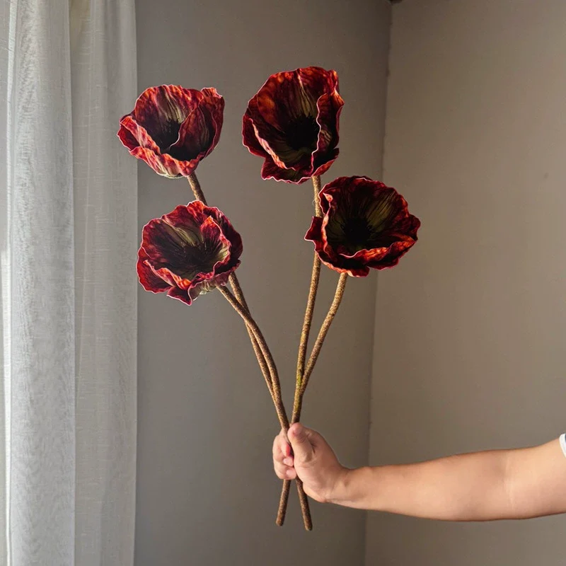 75cm große Mohnblume aus Real-Touch-Material, 2 Blüten, 14cm Durchmesser, lila, dunkelbraun, burgunderrot – perfekt für Hochzeiten, Wohnkultur, Einzelhandel
