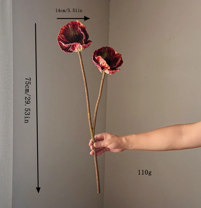 75cm große Mohnblume aus Real-Touch-Material, 2 Blüten, 14cm Durchmesser, lila, dunkelbraun, burgunderrot – perfekt für Hochzeiten, Wohnkultur, Einzelhandel
