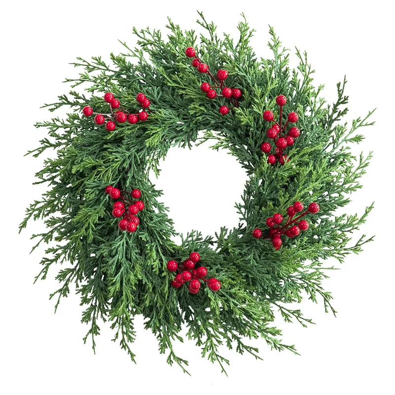 Weihnachtskranz aus künstlicher Tannenzweigen mit roten Beeren, 55 cm Durchmesser, für Innen- und Außendekoration, Weihnachtsdekoration, Haustür, Tischdekoration