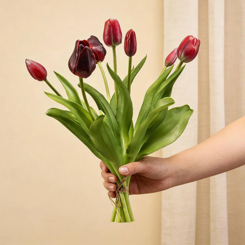 Tulpenstrauß - Dunkelrot - ‘Real Touch’ Kunsttulpen - 7 Stiele - 42 cm