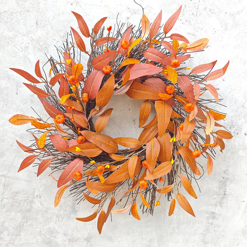 Herbstlicher Ahornblatt-Kürbis-Kranz, 43 cm, künstliche Blätter, realistische Optik, für Hochzeiten, Dekoration, Türschmuck