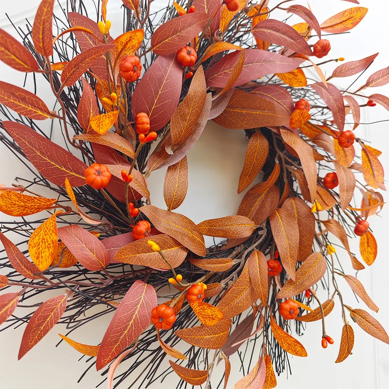 Herbstlicher Ahornblatt-Kürbis-Kranz, 43 cm, künstliche Blätter, realistische Optik, für Hochzeiten, Dekoration, Türschmuck