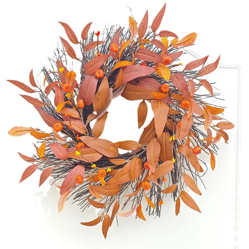 Herbstlicher Ahornblatt-Kürbis-Kranz, 43 cm, künstliche Blätter, realistische Optik, für Hochzeiten, Dekoration, Türschmuck