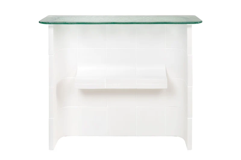 Casa Padrino Luxus Konsole Cremeweiß 105 x 30 x H. 83,5 cm - Großer handgefertigter Keramik Konsolentisch mit Platte aus strukturiertem Klarglas - Luxus Möbel