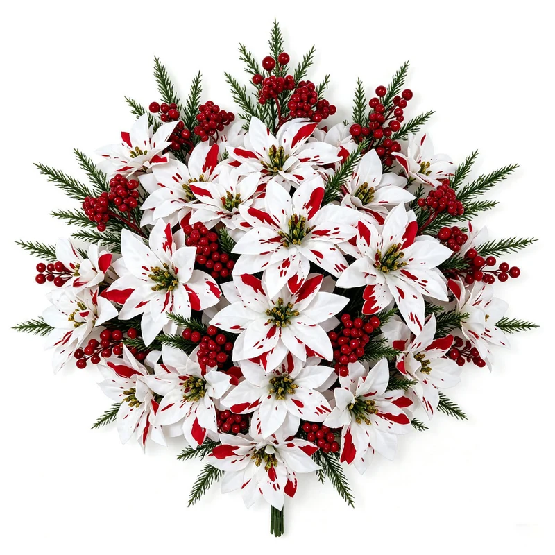 Künstliche Weihnachtssterne, 7-köpfige Poinsettia-Bukett, 32 cm, realistische Kunstblumen für Festdekoration, Schaufenster, Hochzeiten, Weihnachten