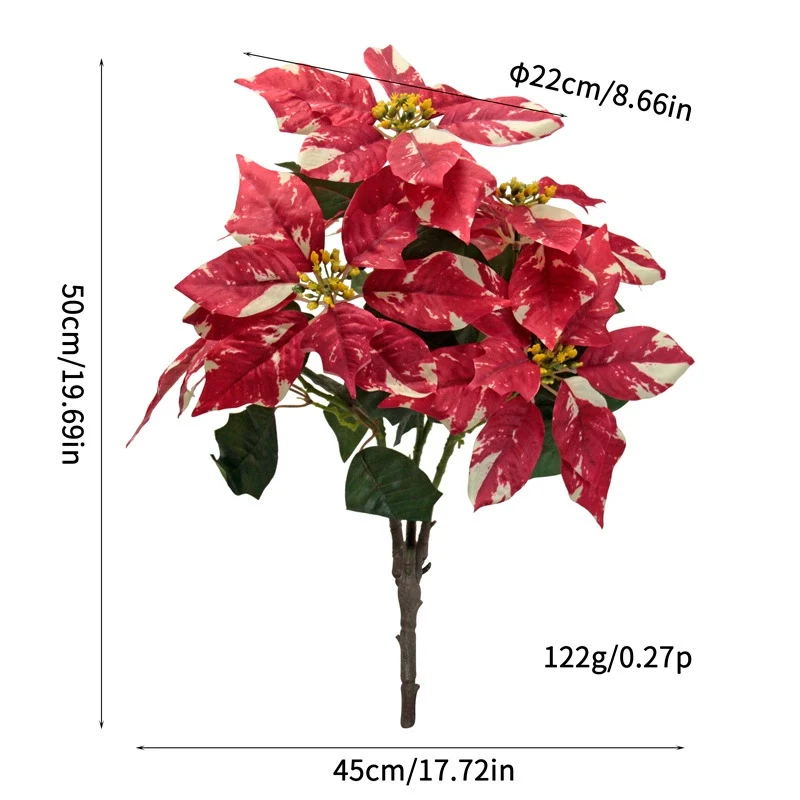 Künstliche Weihnachtsblumen 50 cm, Real-Touch Kunststoff, 7 Blütenköpfe, 22 cm Durchmesser, für Außenbereich, Festdekoration, Hochzeit, Event, Ladenausstattung