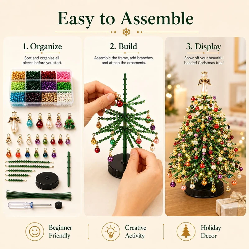 28 cm DIY Perlen-Weihnachtsbaum-Kit, künstlicher Tannenbaum mit Lichtern, Tischdekoration für Hochzeiten, Feiertage, Geschenke, Bastelset