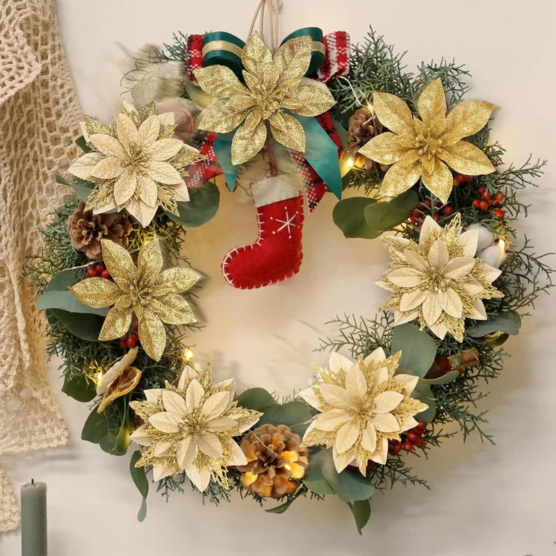 Künstliche Weihnachtssternblüte 15 cm, Seidenblume, Glitzer, Einzeln, für Weihnachtsdekoration, Hochzeiten, Events, 1 Stück