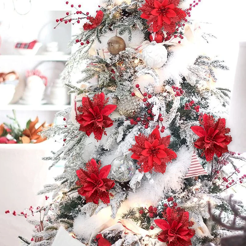 Künstliche Weihnachtssternblüte 15 cm, Seidenblume, Glitzer, Einzeln, für Weihnachtsdekoration, Hochzeiten, Events, 1 Stück