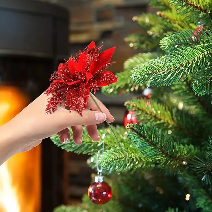 Künstliche Weihnachtssternblüte 15 cm, Seidenblume, Glitzer, Einzeln, für Weihnachtsdekoration, Hochzeiten, Events, 1 Stück