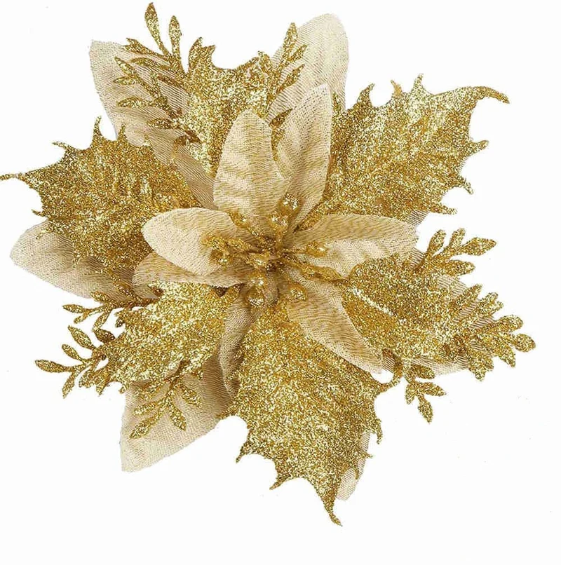 Künstliche Weihnachtssternblüte 15 cm, Seidenblume, Glitzer, Einzeln, für Weihnachtsdekoration, Hochzeiten, Events, 1 Stück