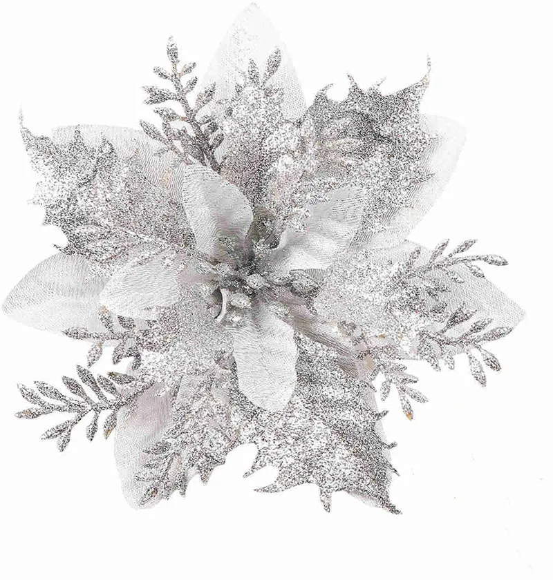 Künstliche Weihnachtssternblüte 15 cm, Seidenblume, Glitzer, Einzeln, für Weihnachtsdekoration, Hochzeiten, Events, 1 Stück