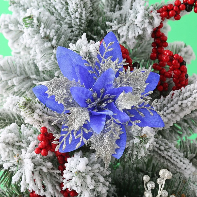Künstliche Weihnachtssternblüte 15 cm, Seidenblume, Glitzer, Einzeln, für Weihnachtsdekoration, Hochzeiten, Events, 1 Stück
