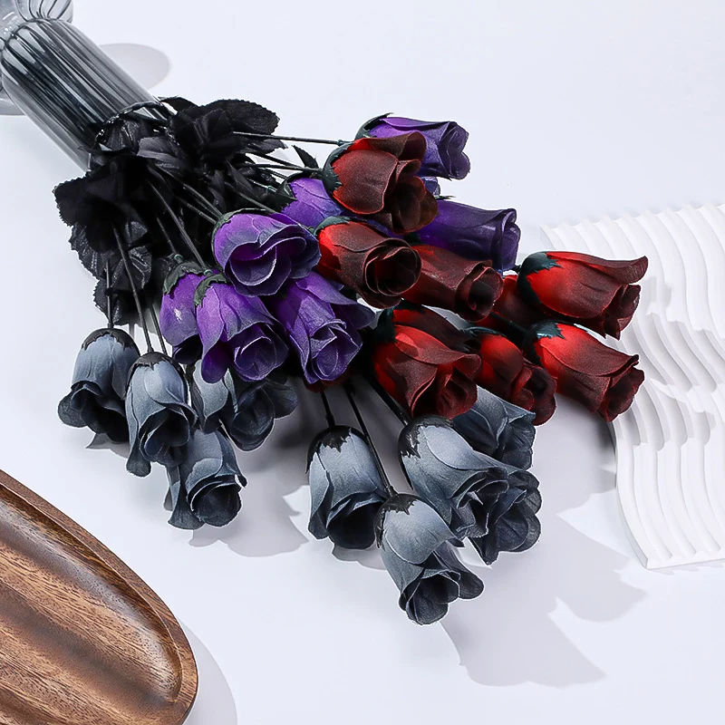 5 Stück künstliche Mini-Rosen, 40 cm lang, Seide, dunkel, Halloween-Dekoration, Goth-Stil, für Hochzeiten, Events, Laden-Deko