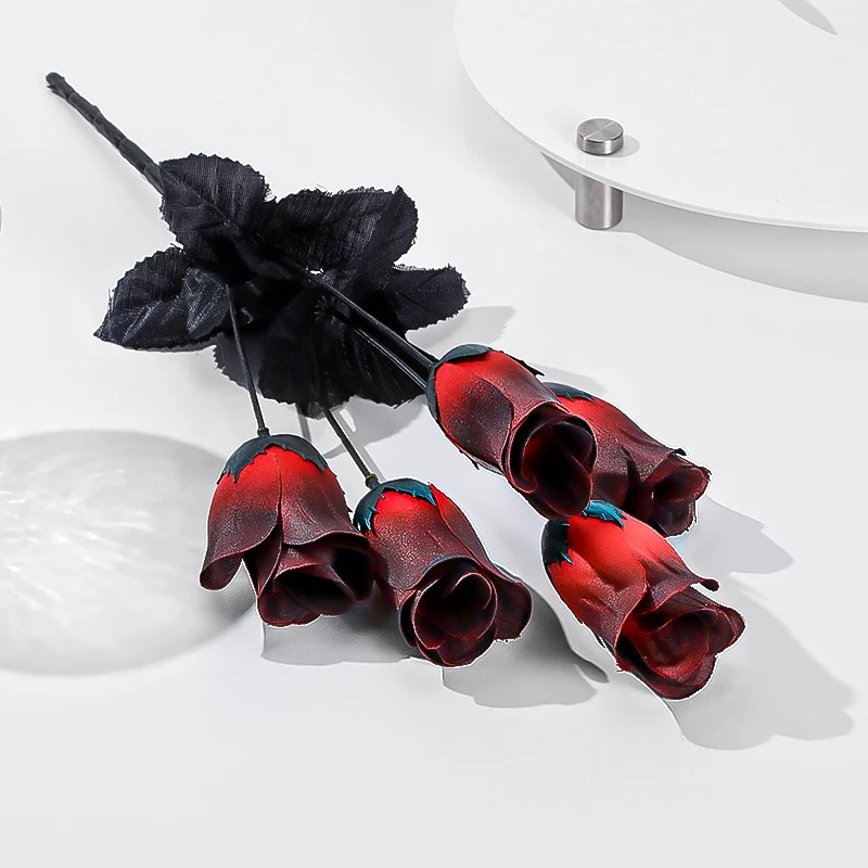 5 Stück künstliche Mini-Rosen, 40 cm lang, Seide, dunkel, Halloween-Dekoration, Goth-Stil, für Hochzeiten, Events, Laden-Deko