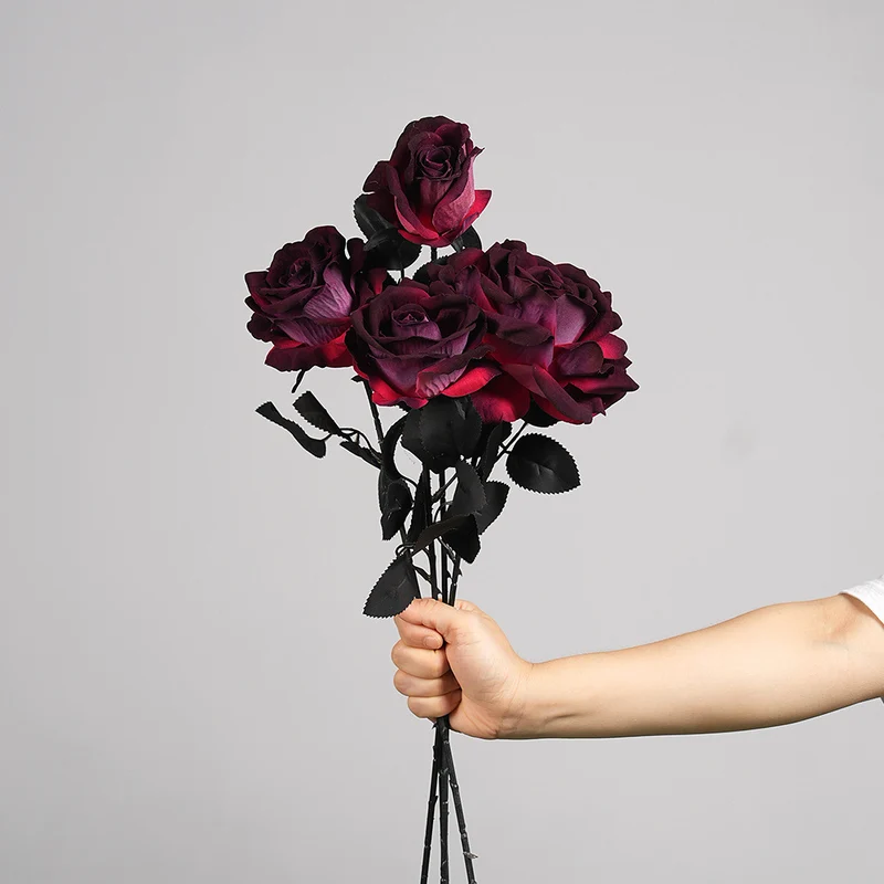 Künstliche Gothic-Rose, 52 cm, Real-Touch, Dunkelrot, für Halloween, Hochzeitsdekoration, Grabschmuck, Event-Deko