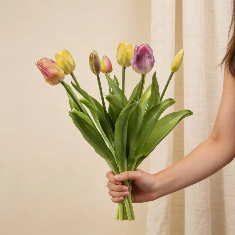 Tulpenstrauß - Sanfter Frühling - ‘Real Touch’ Kunsttulpen - 7 Stiele - 42 cm