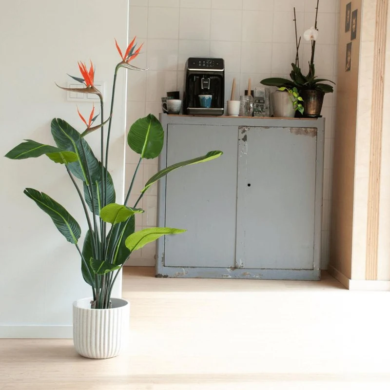 Kunstpflanze Strelitzie mit Blüten, 120 cm, im schwarzen Topf