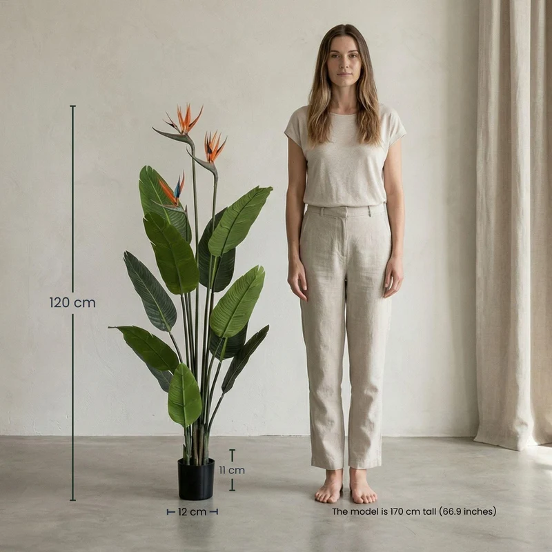 Kunstpflanze Strelitzie mit Blüten, 120 cm, im schwarzen Topf