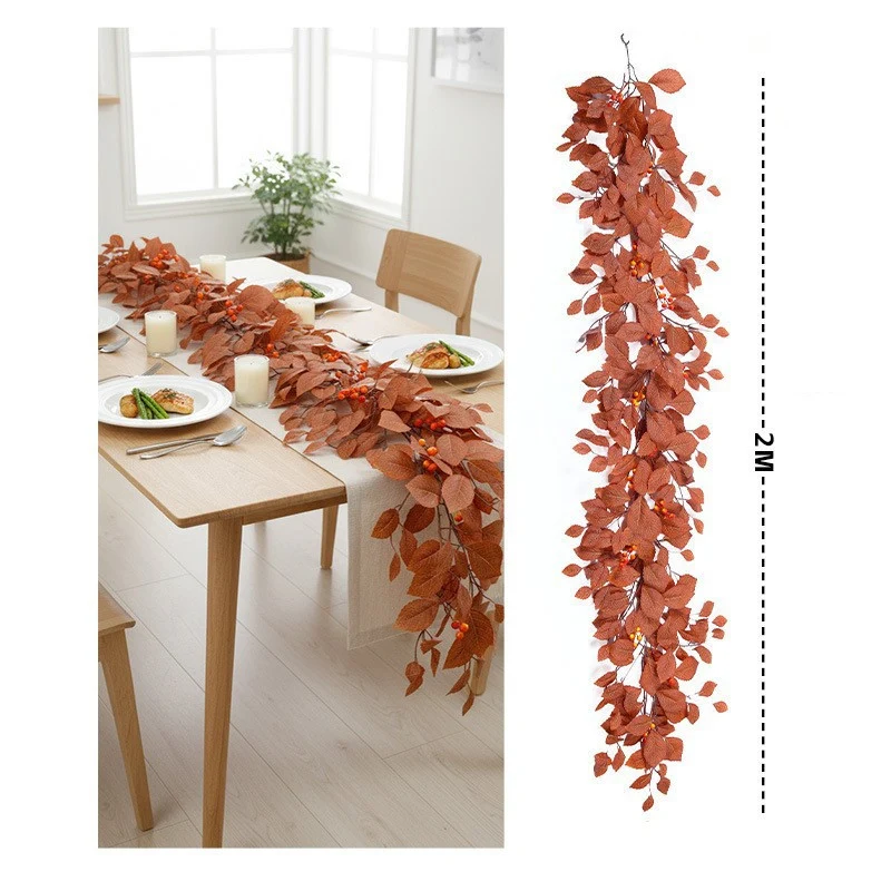 Künstliche Magnolien Girlande 200 cm, realistische Herbstgirlande mit Früchten, naturgetreue Blätterranke für Tischdeko, Hochzeit & ganzjährige Dekoration