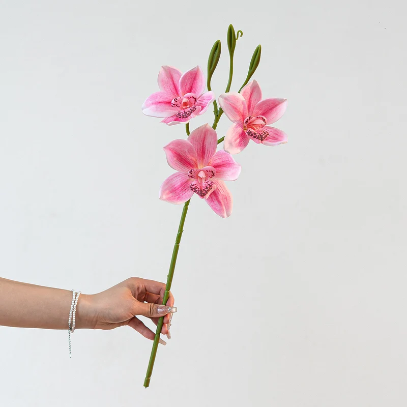 Künstliche Cymbidium Orchidee 55 cm, 3 Blüten, Lebensechter Orchideenzweig für Vase, Hochzeitsdeko, Gestecke, Langlebige Kunstblume